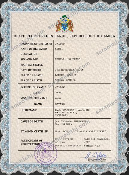 Gambia death certificate PSD template